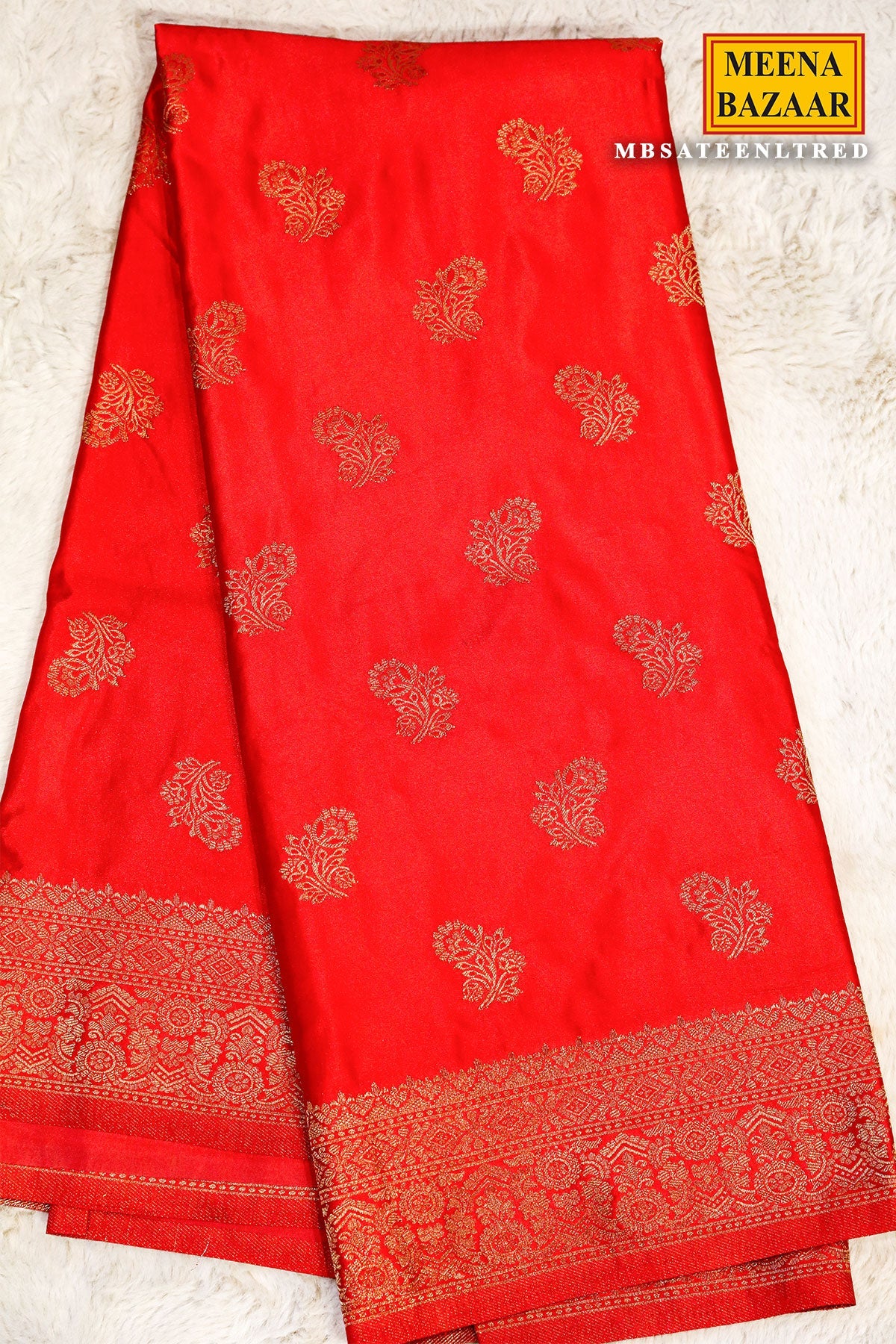 Sateen Red Silk Weaving Buti Saree