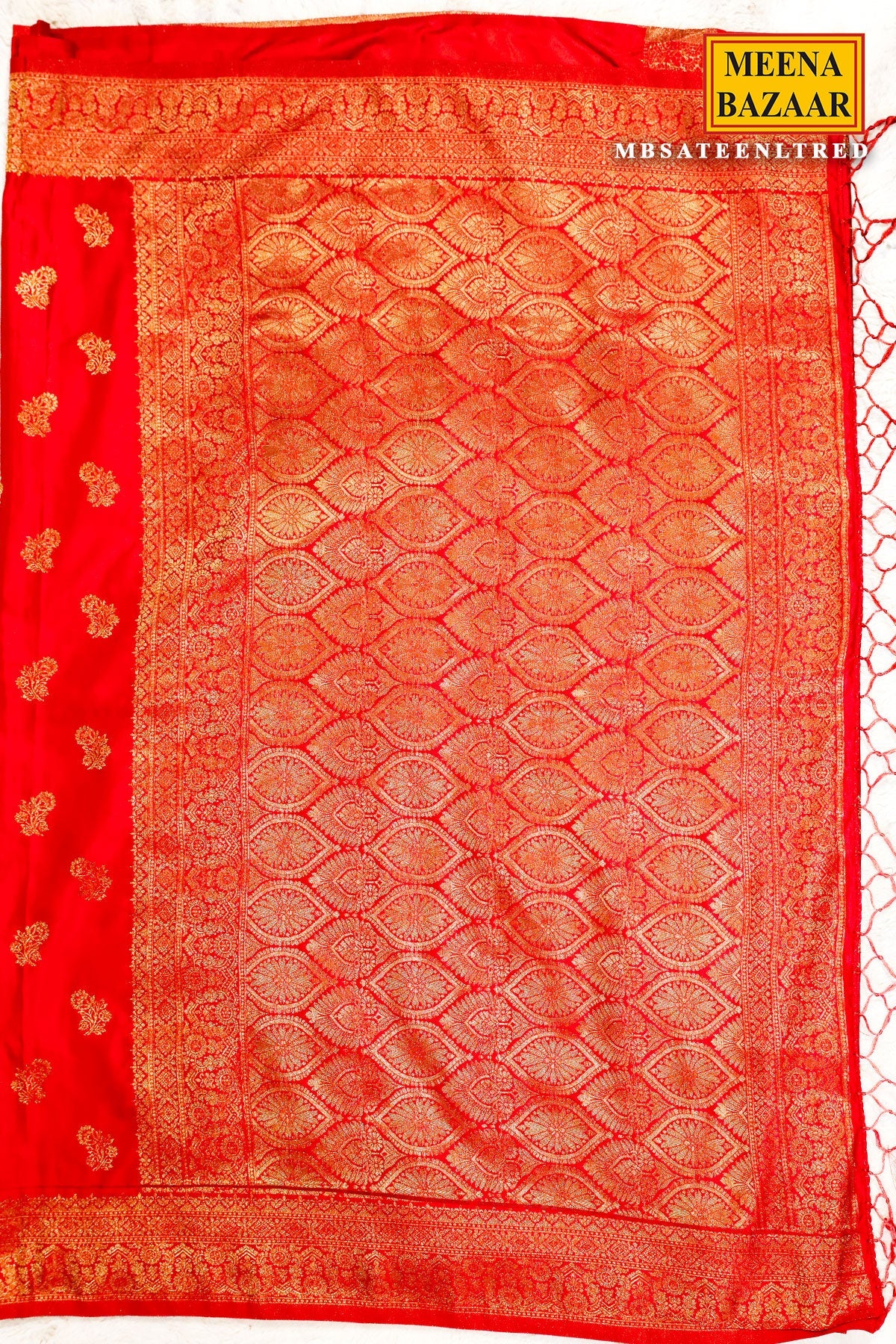 Sateen Red Silk Weaving Buti Saree