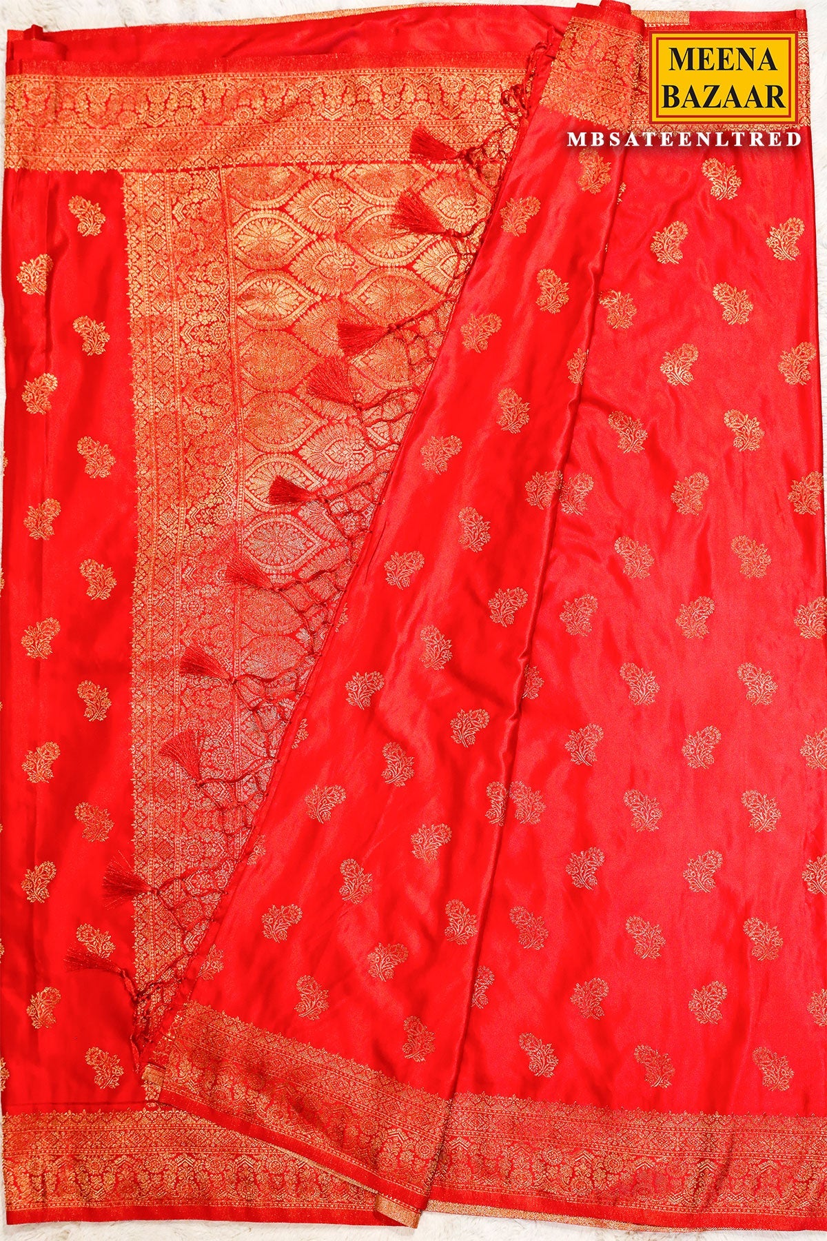 Sateen Red Silk Weaving Buti Saree