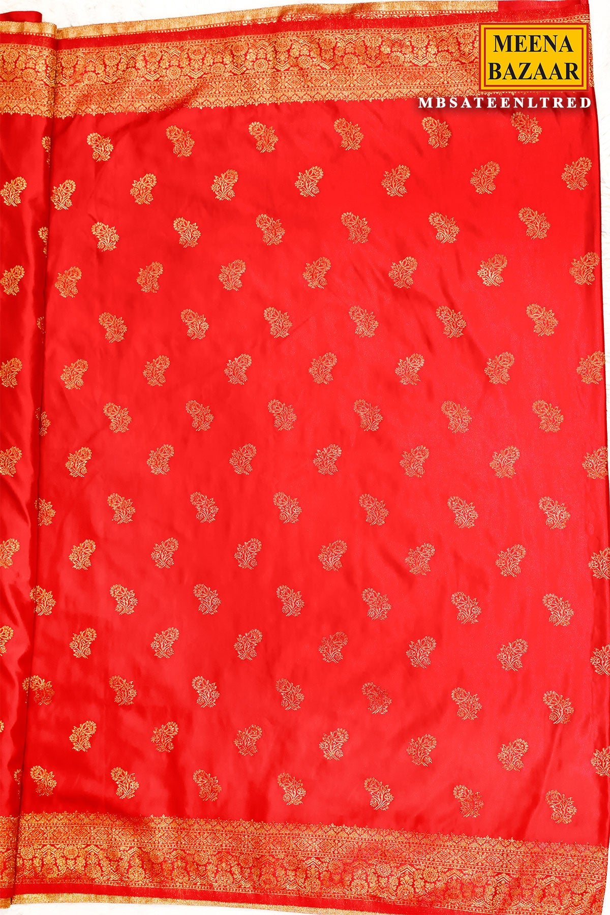 Sateen Red Silk Weaving Buti Saree