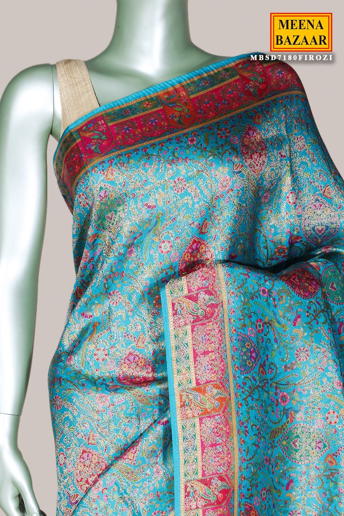 Firozi Silk Blend Zari Woven Saree