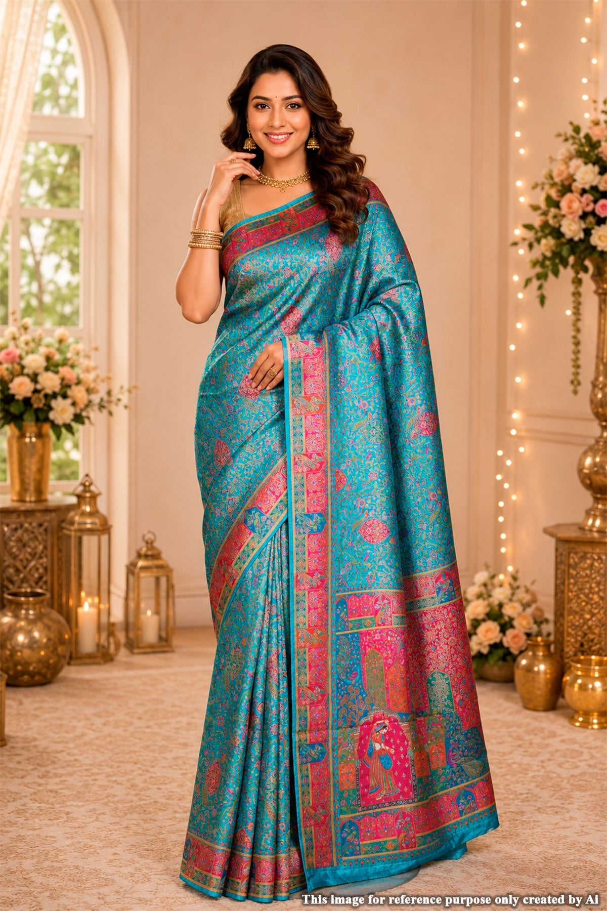 Firozi Silk Blend Zari Woven Saree