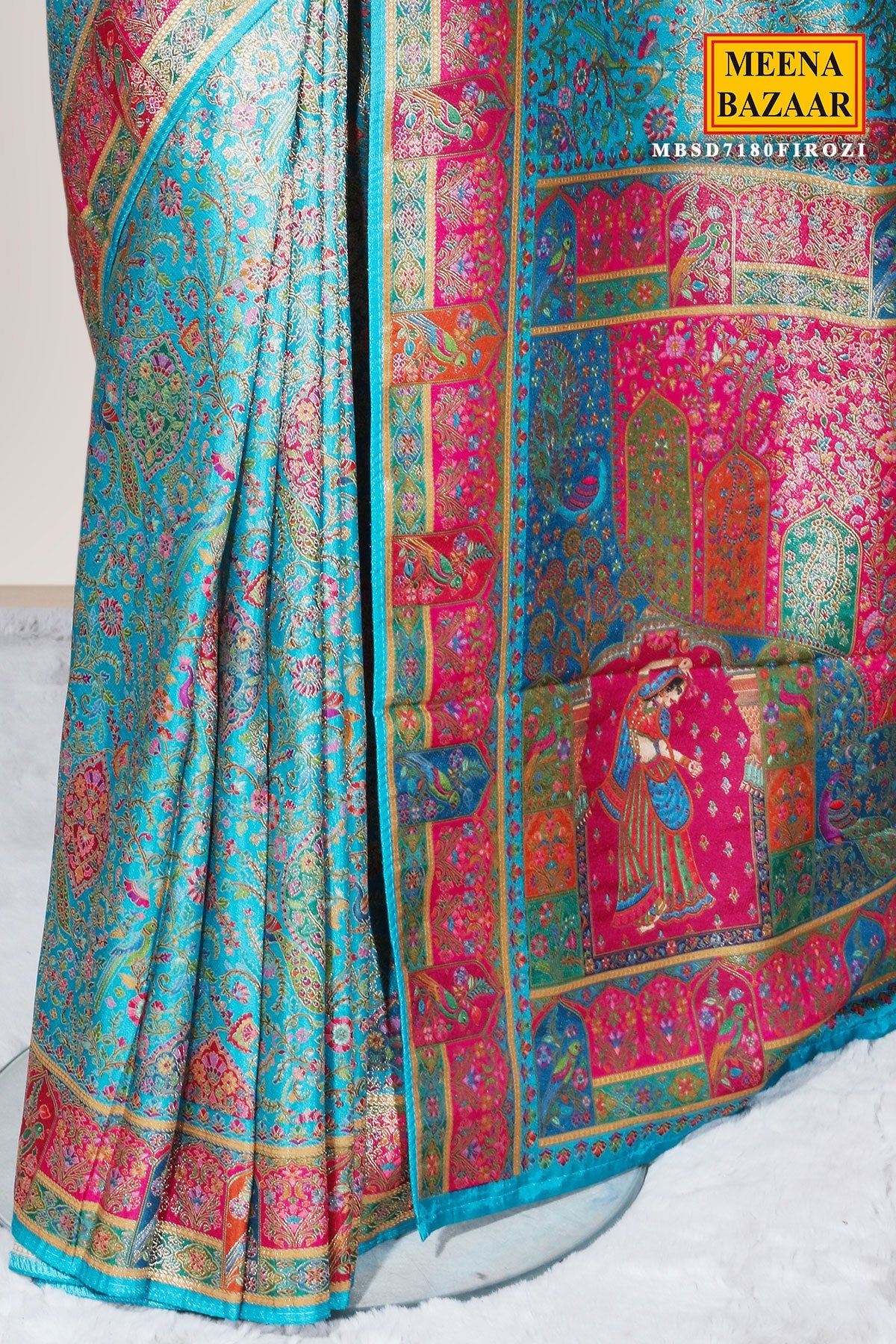 Firozi Silk Blend Zari Woven Saree