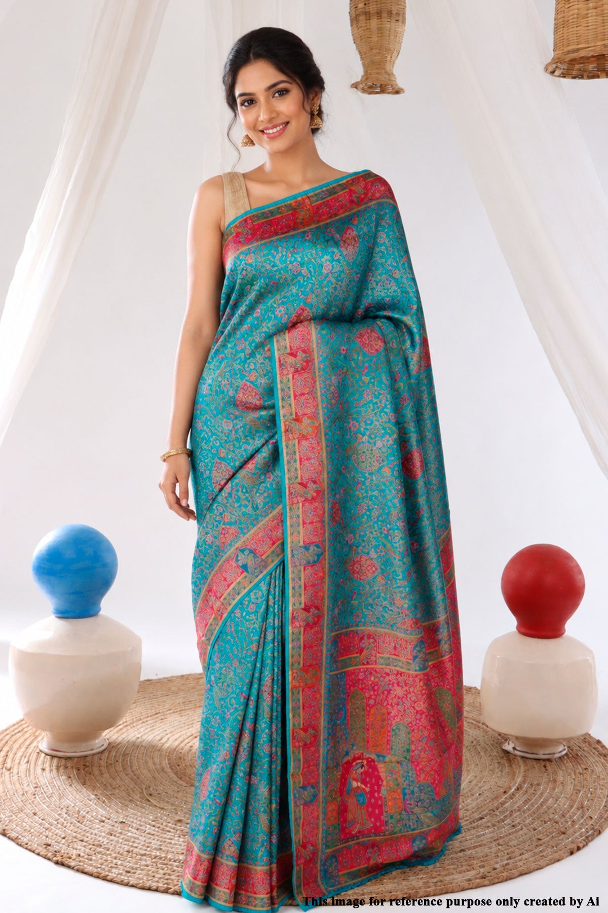 Firozi Silk Blend Zari Woven Saree