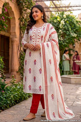 Cream and Red Floral Suit Set