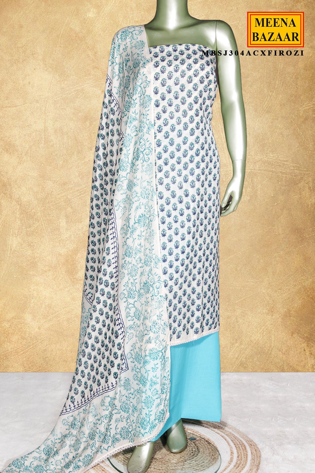 Cream X Firozi Printed Cotton Unstitched Suit Set