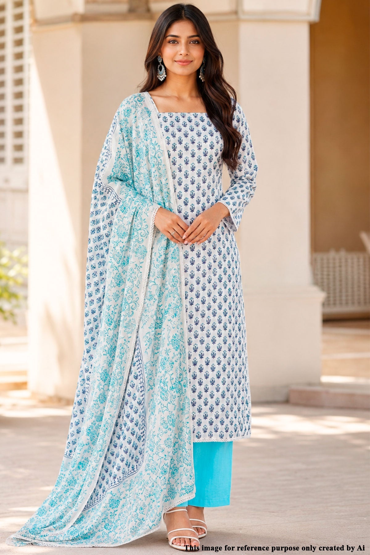 Cream X Firozi Printed Cotton Unstitched Suit Set
