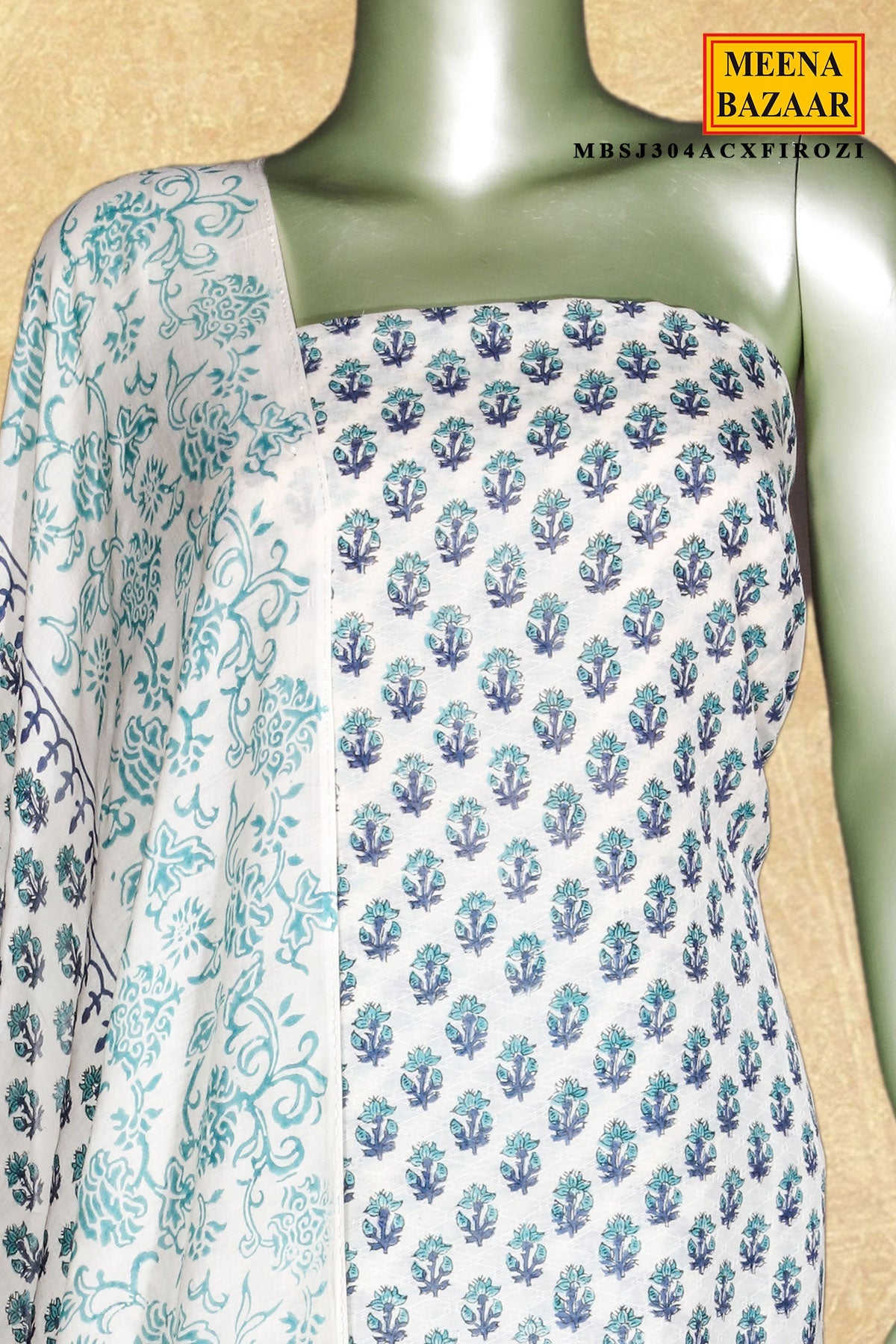 Cream X Firozi Printed Cotton Unstitched Suit Set