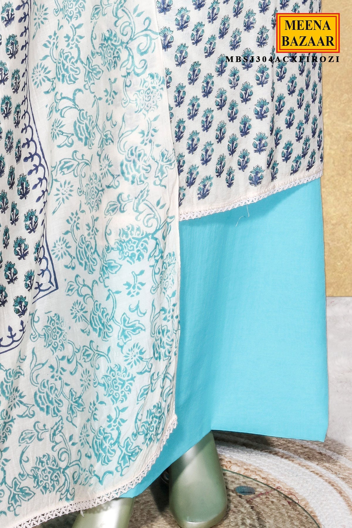 Cream X Firozi Printed Cotton Unstitched Suit Set