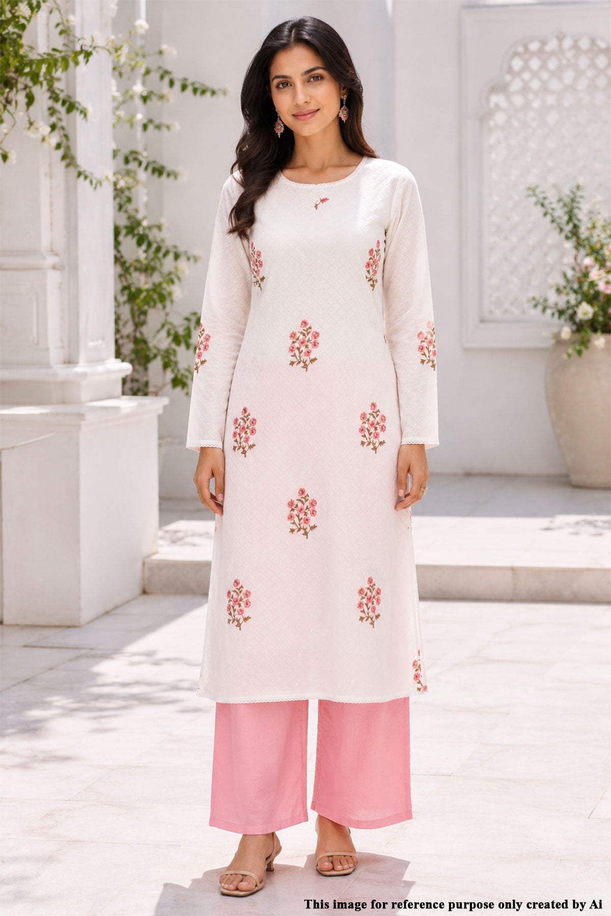 Cream & Pink Floral Printed Cotton Unstitched Suit Set