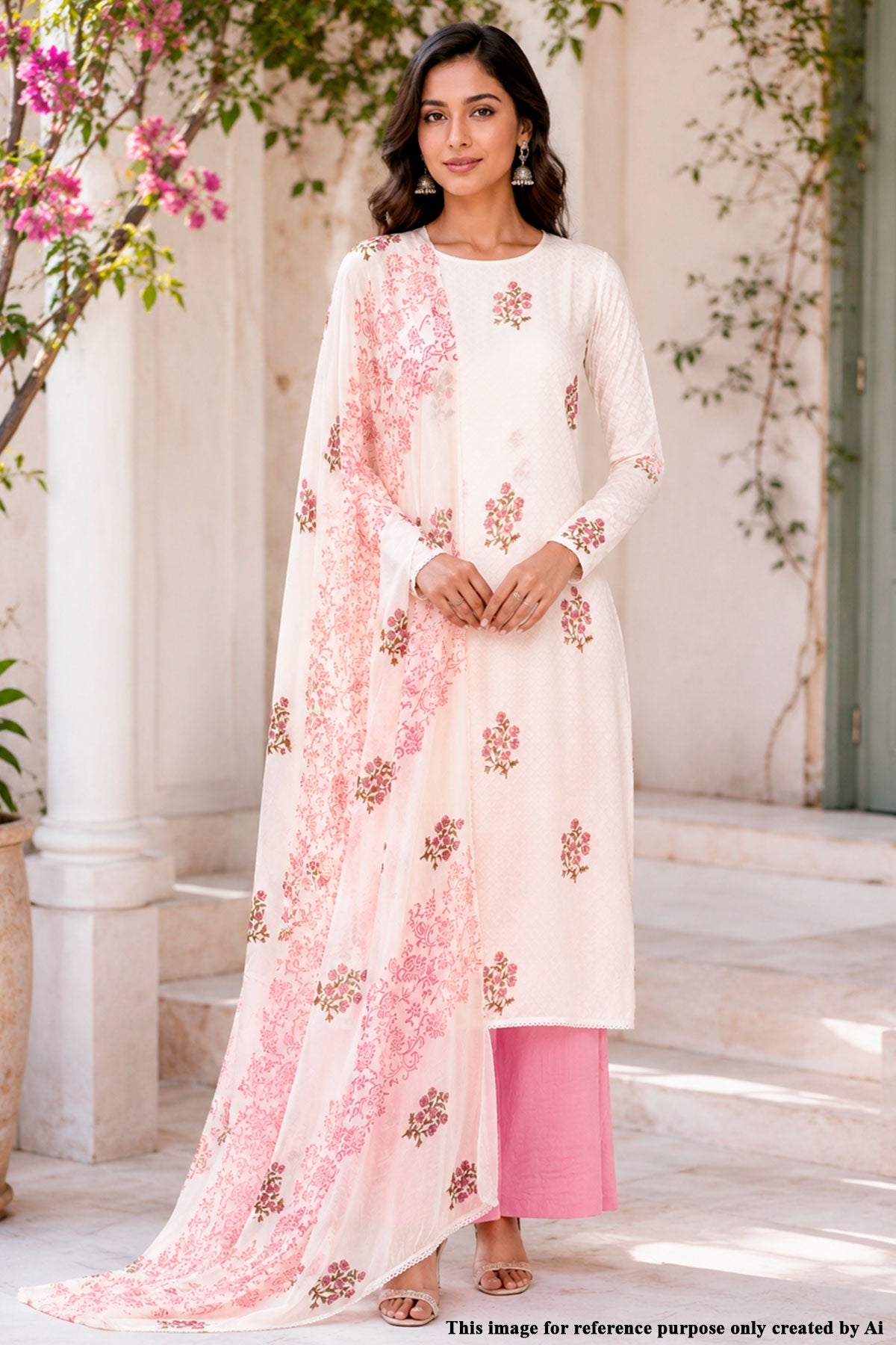 Cream & Pink Floral Printed Cotton Unstitched Suit Set