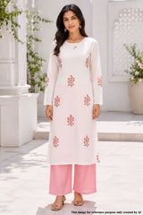 Cream & Pink Floral Printed Cotton Unstitched Suit Set