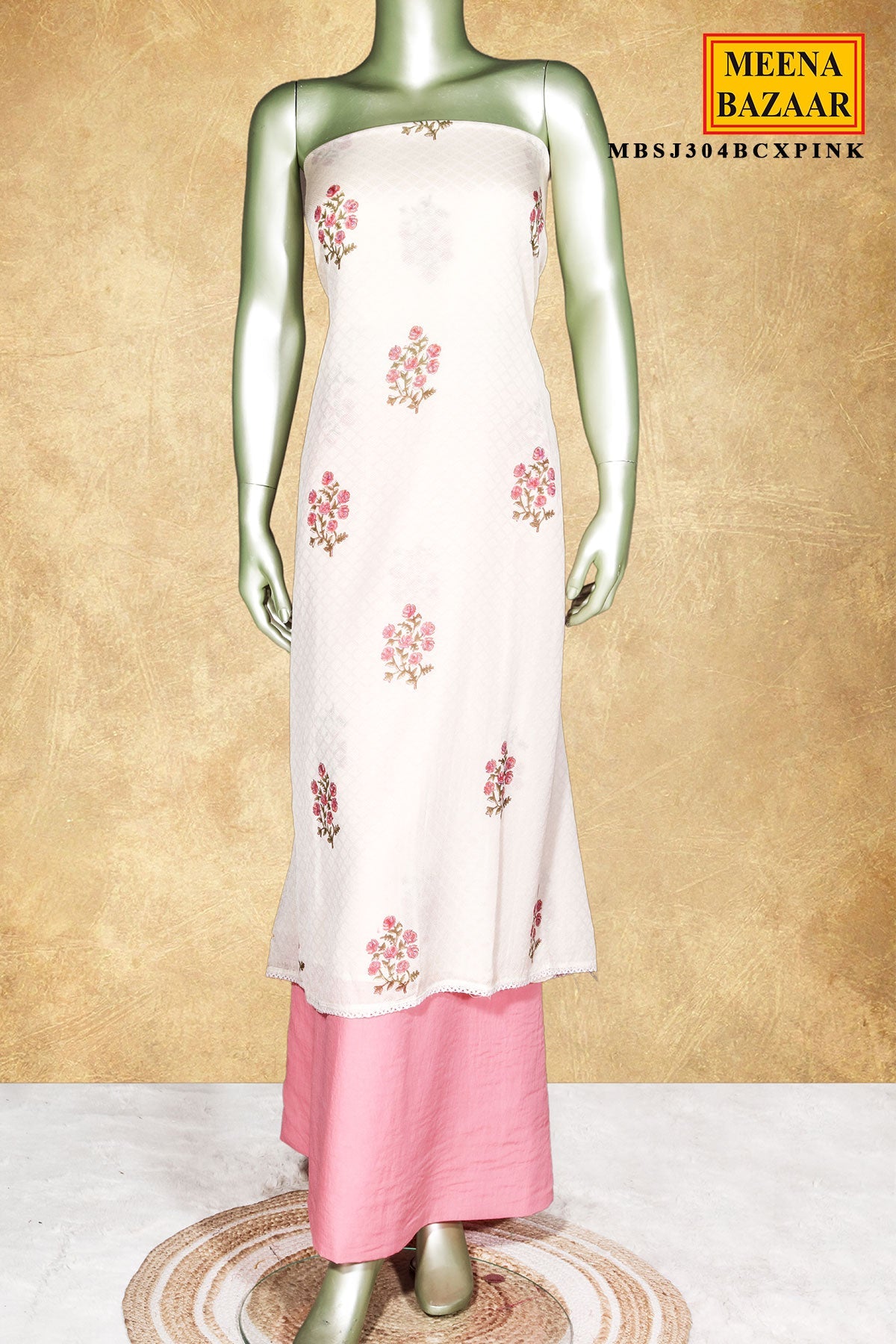 Cream & Pink Floral Printed Cotton Unstitched Suit Set