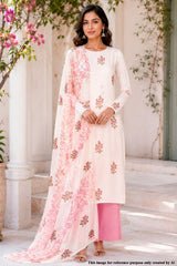 Cream & Pink Floral Printed Cotton Unstitched Suit Set