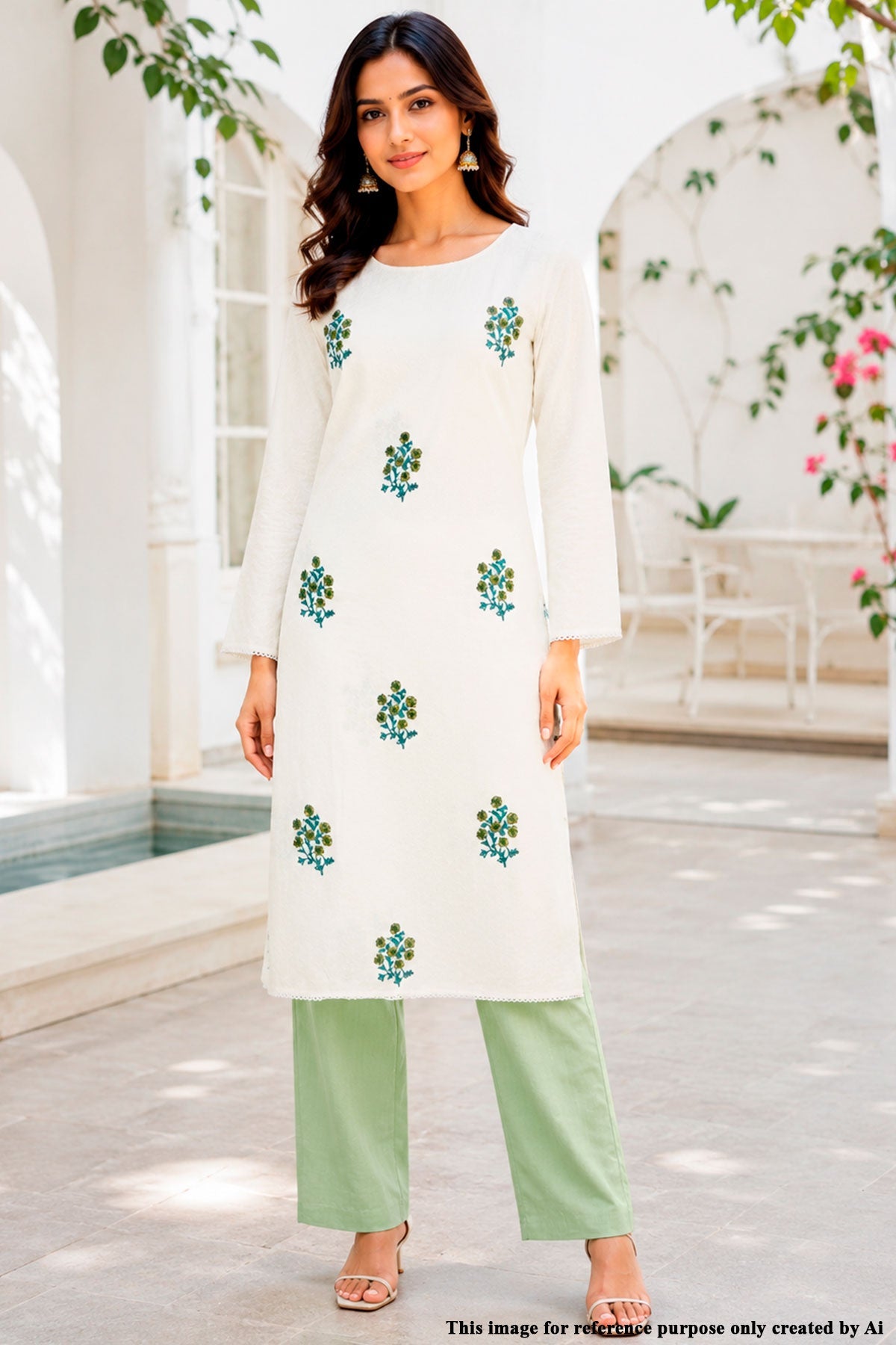 Cream & Pista Printed Cotton Unstitched Suit Set