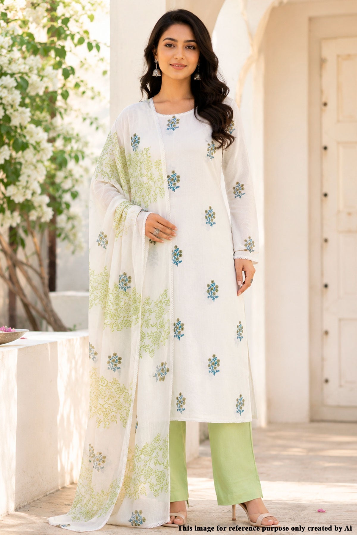 Cream & Pista Printed Cotton Unstitched Suit Set