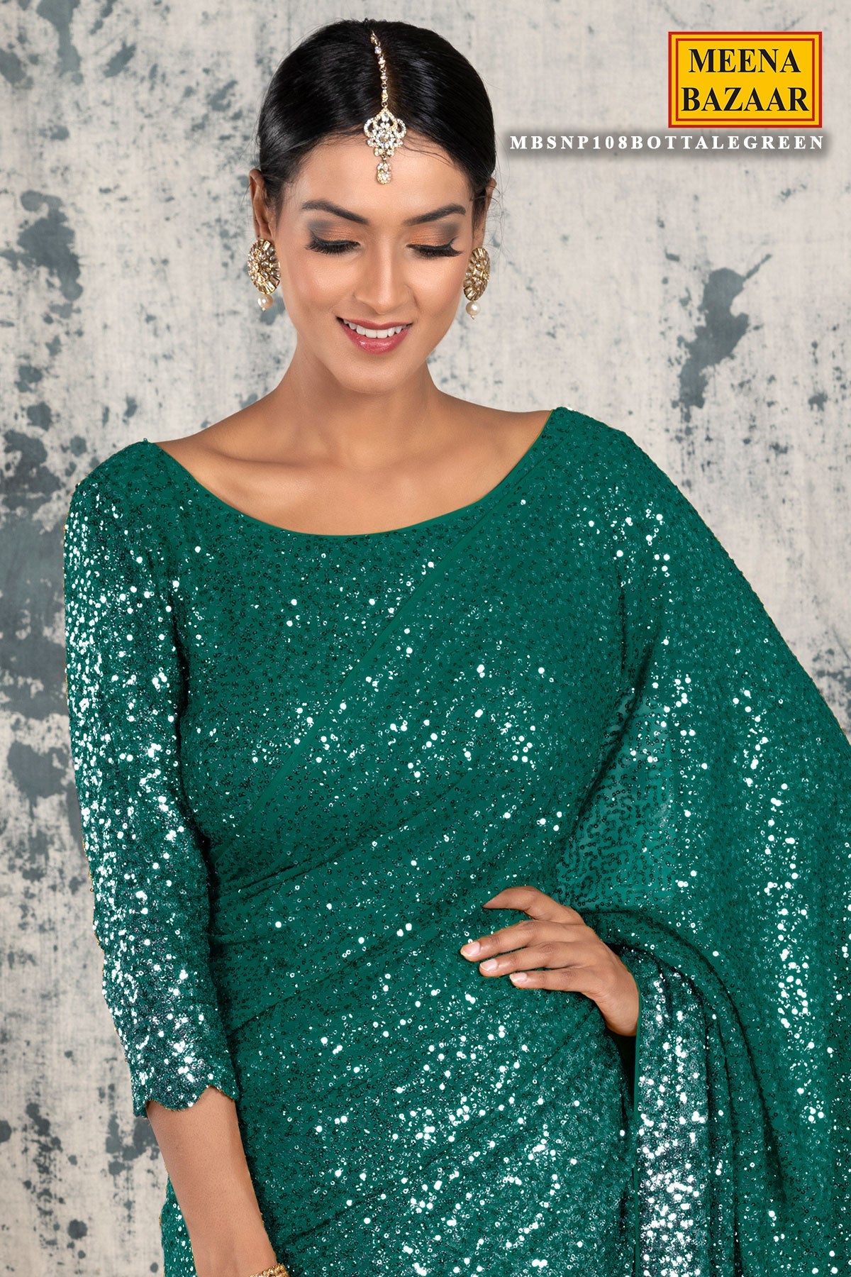 Bottle Green Georgette Sequins Embroidered Saree