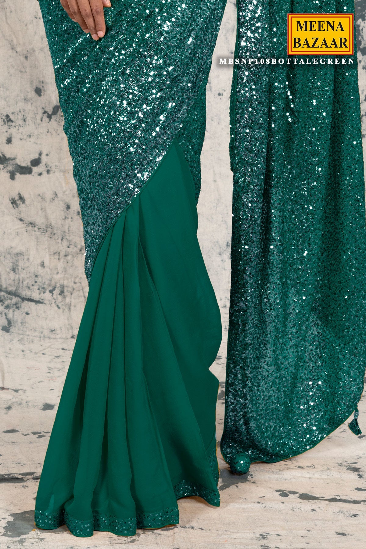 Bottle Green Georgette Sequins Embroidered Saree