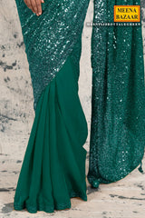Bottle Green Georgette Sequins Embroidered Saree