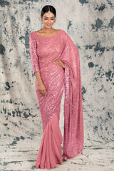 Pink Georgette Sequins Embroidered Saree