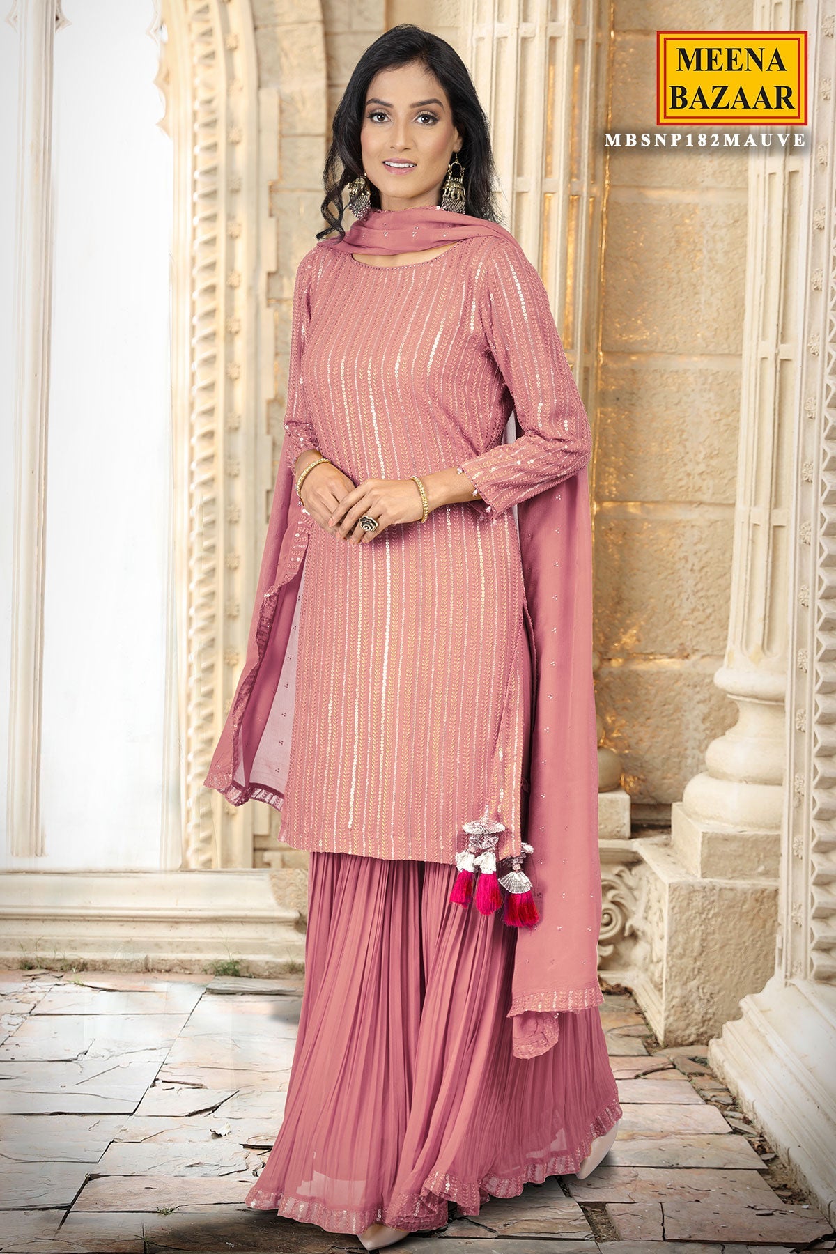 Mauve Georgette Sequin Embroidered Suit Set