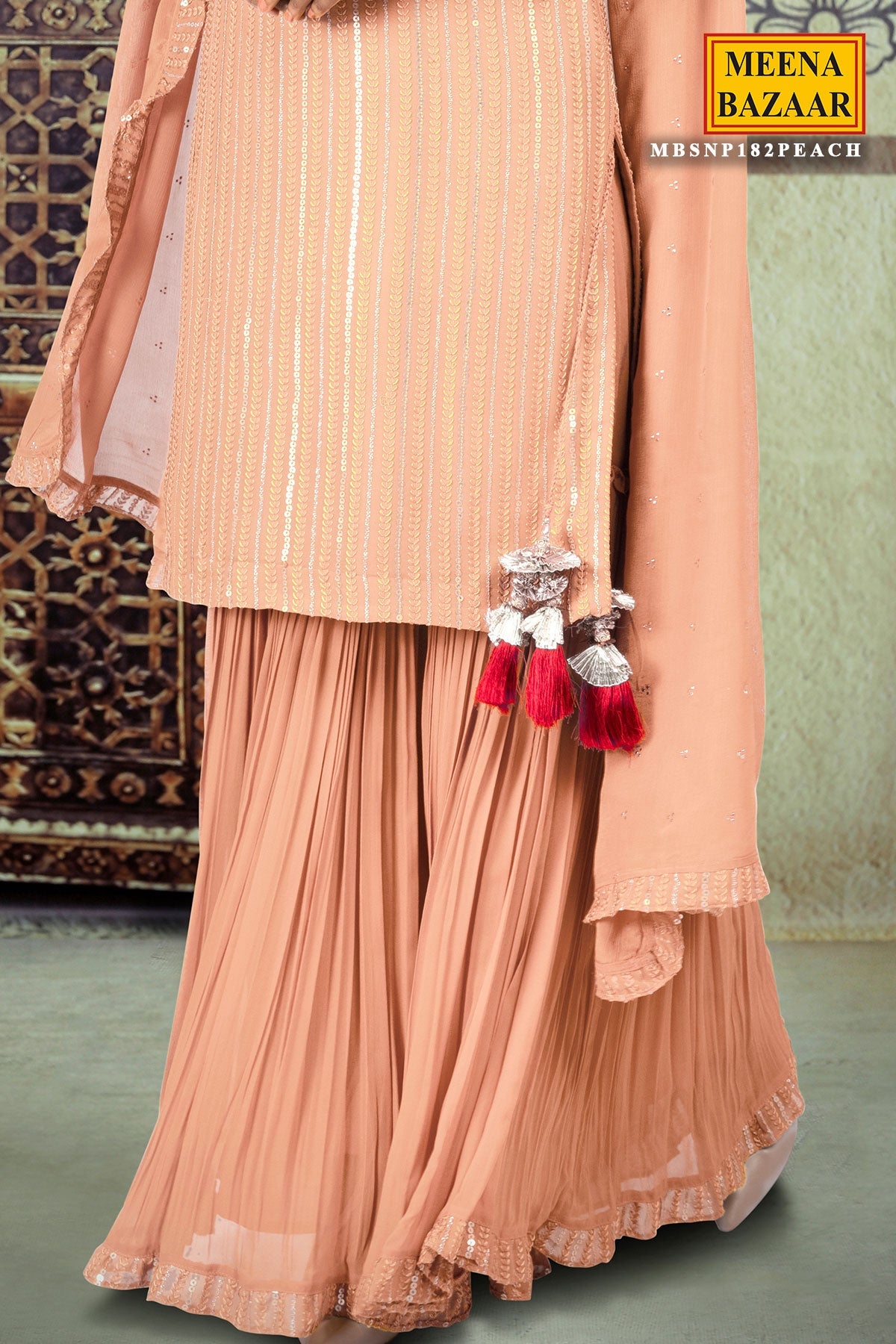 Peach Georgette Sequin Embroidered Unstitched Suit