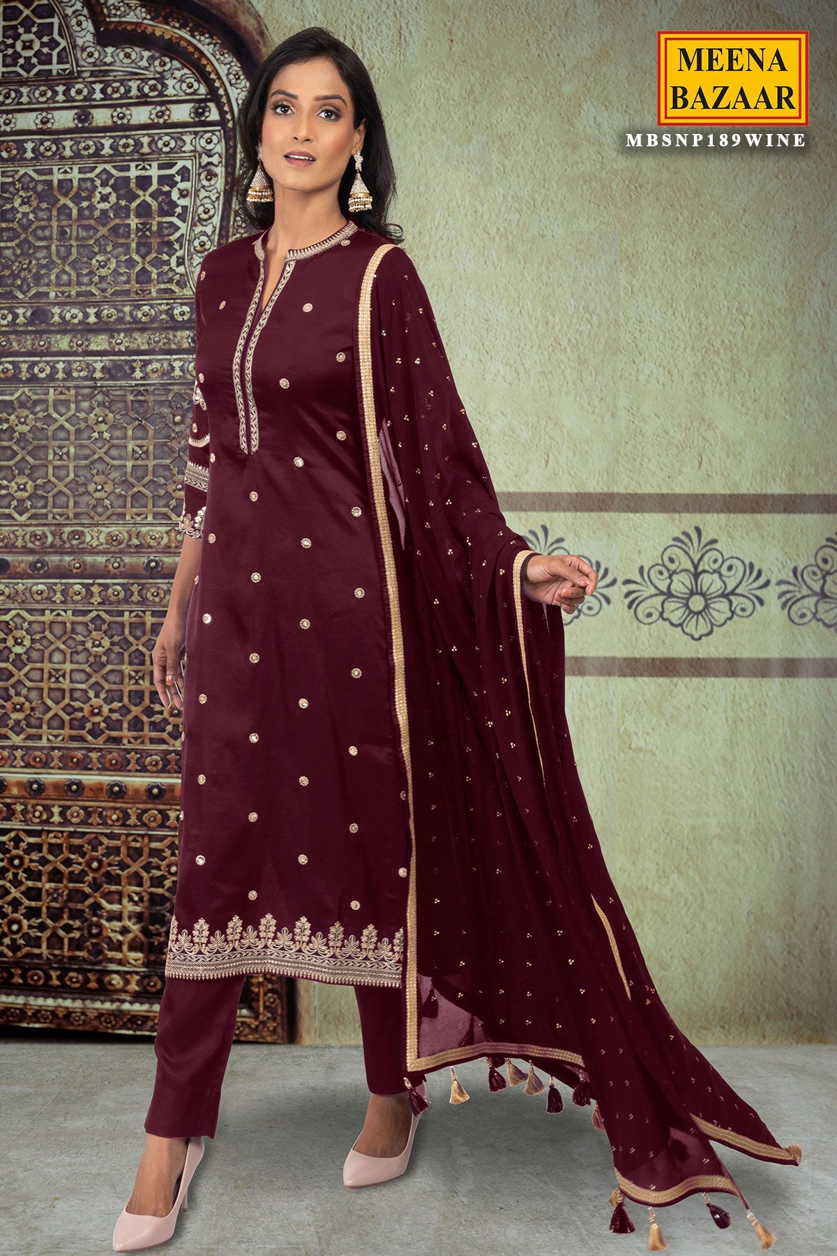 Wine Silk Gotta Patti Embroidered Unstitched Suit