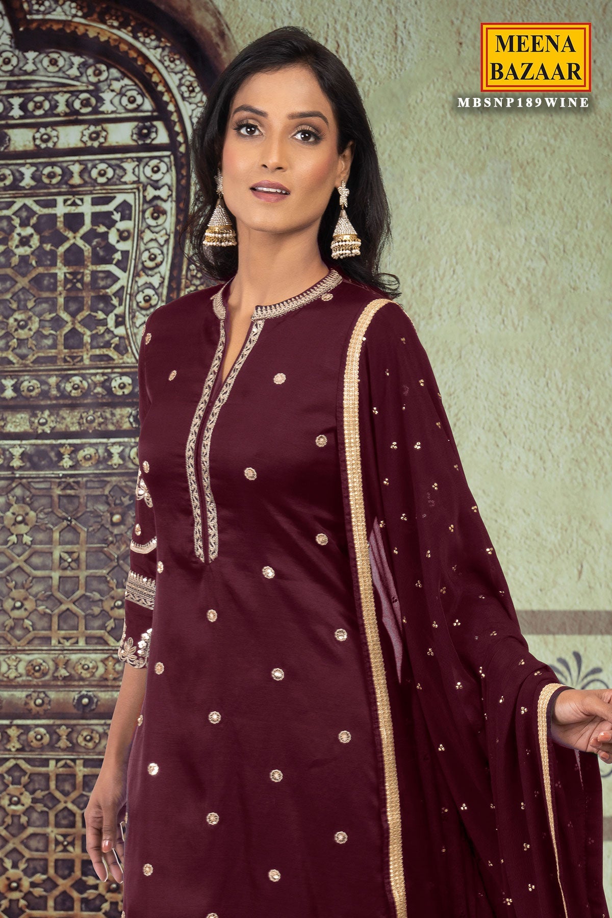 Wine Silk Gotta Patti Embroidered Unstitched Suit