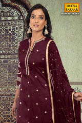 Wine Silk Gotta Patti Embroidered Unstitched Suit