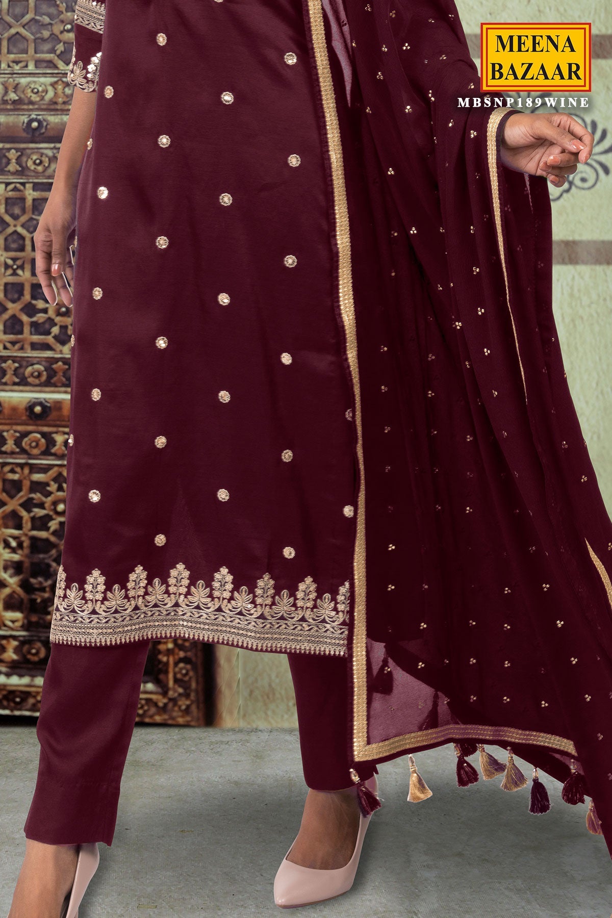 Wine Silk Gotta Patti Embroidered Unstitched Suit
