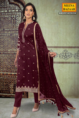 Wine Silk Gotta Patti Embroidered Unstitched Suit