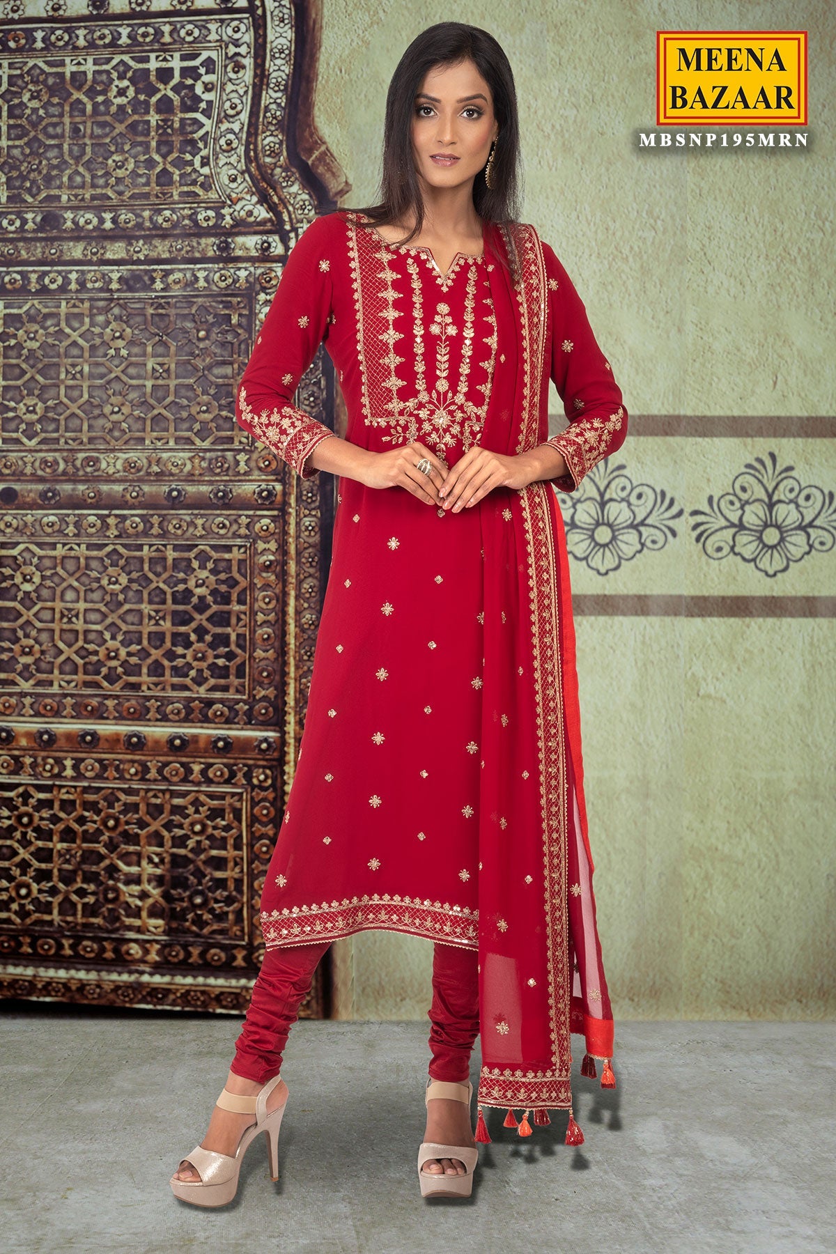 Maroon Sequin Georgette Unstitched Suit