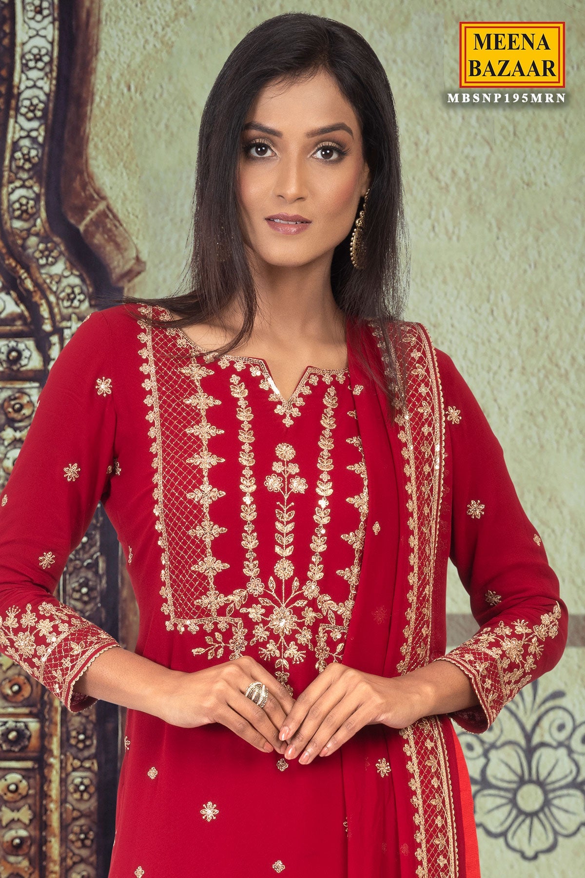 Maroon Sequin Georgette Unstitched Suit
