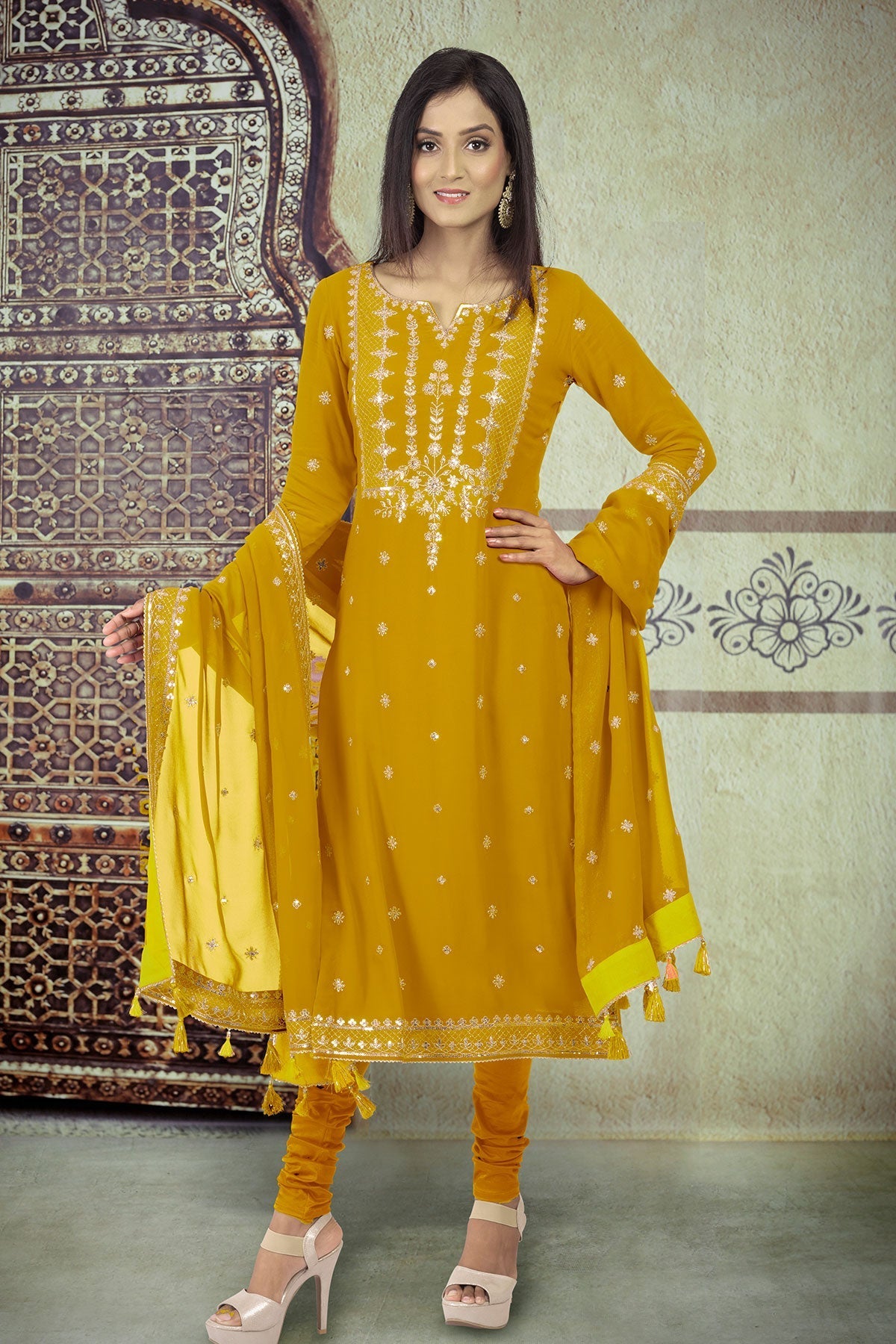 Mustard Sequin Georgette Unstitched Suit