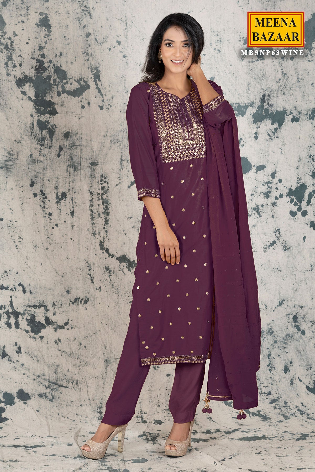Wine Silk Zari & Sequins Suit Set
