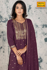 Wine Silk Zari & Sequins Suit Set