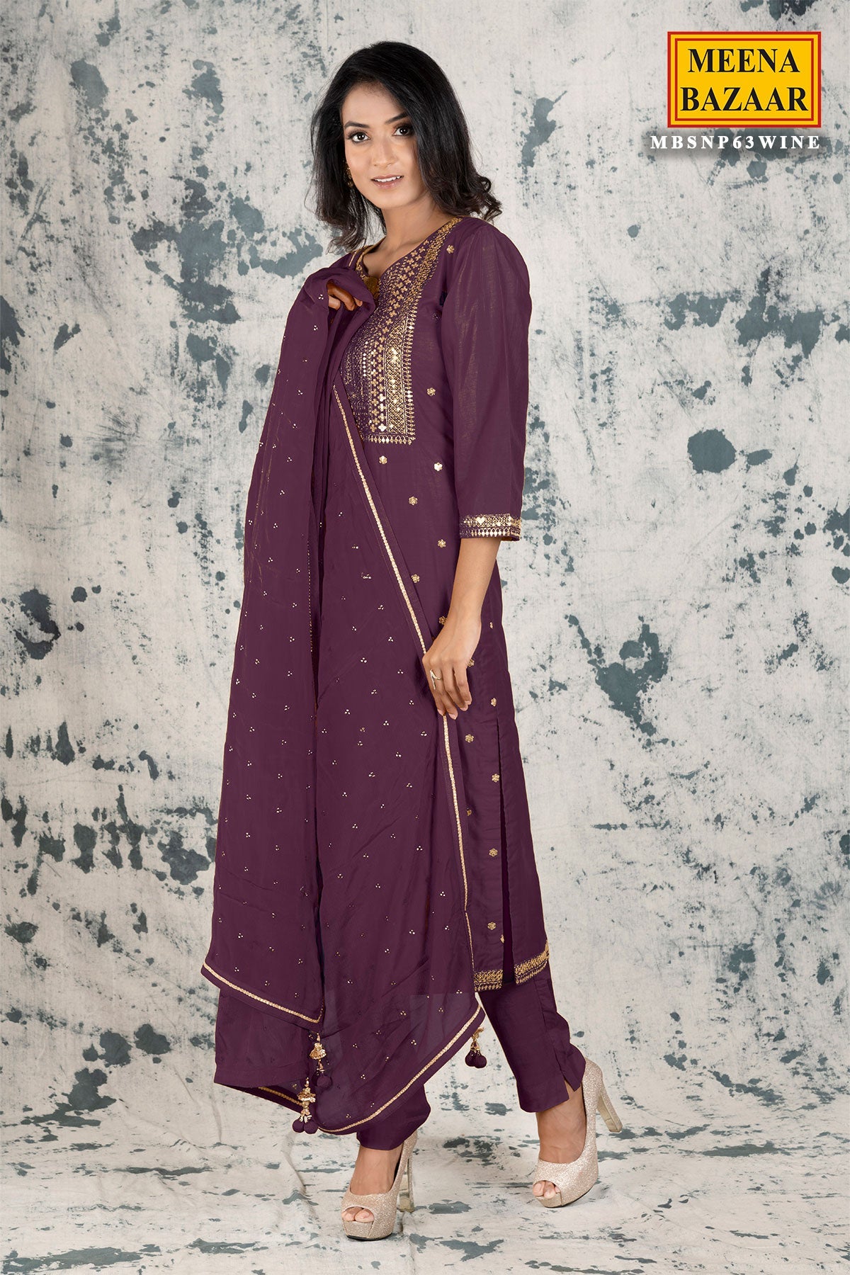 Wine Silk Zari & Sequins Suit Set