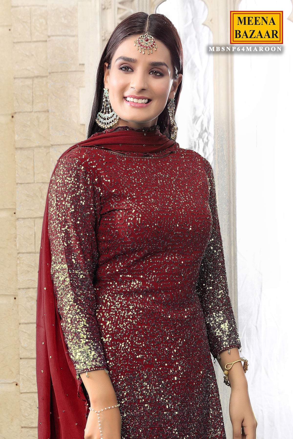 Maroon Georgette Sequins Embroidered Gharara Suit Set