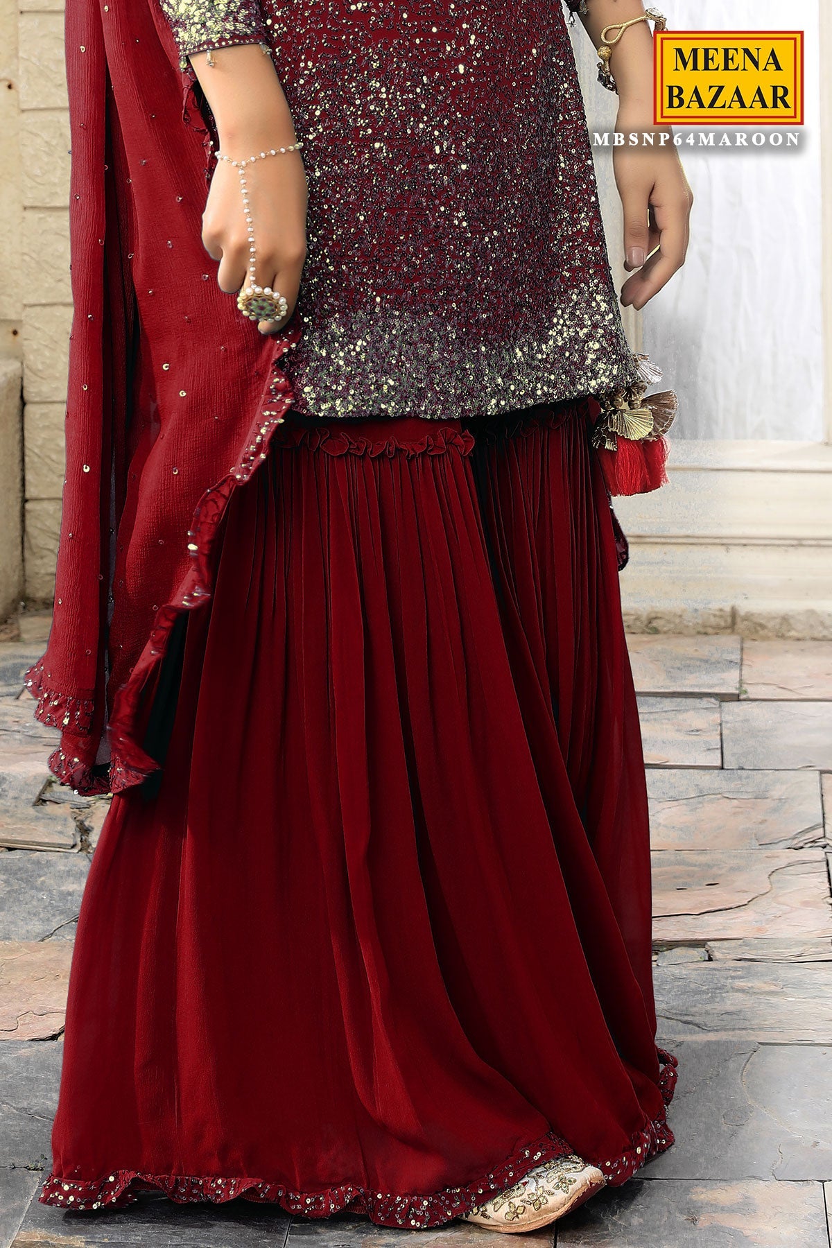 Maroon Georgette Sequins Embroidered Gharara Suit Set