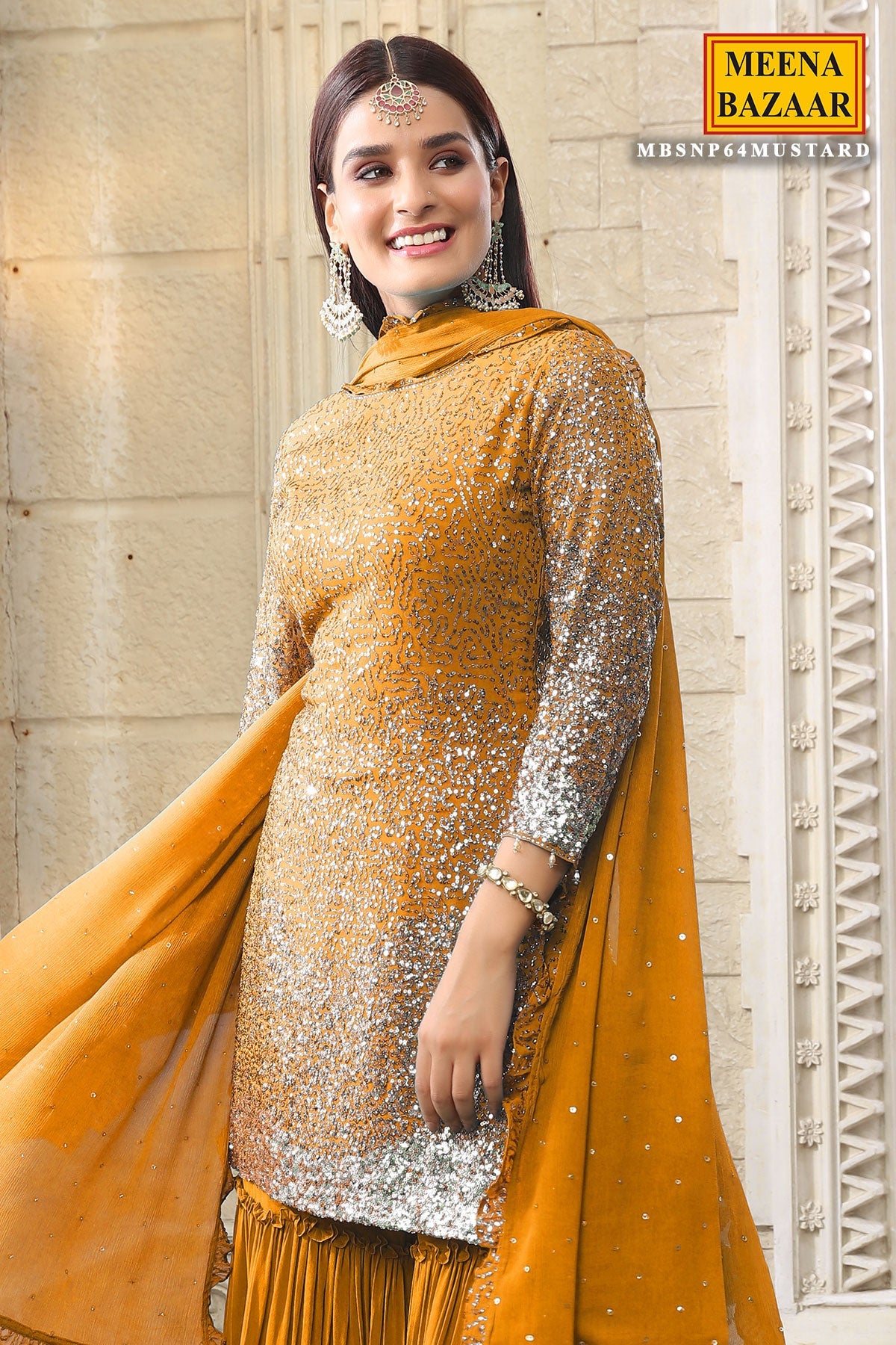 Mustard Georgette Sequins Embroidered Gharara Suit Set