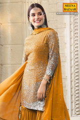 Mustard Georgette Sequins Embroidered Gharara Suit Set