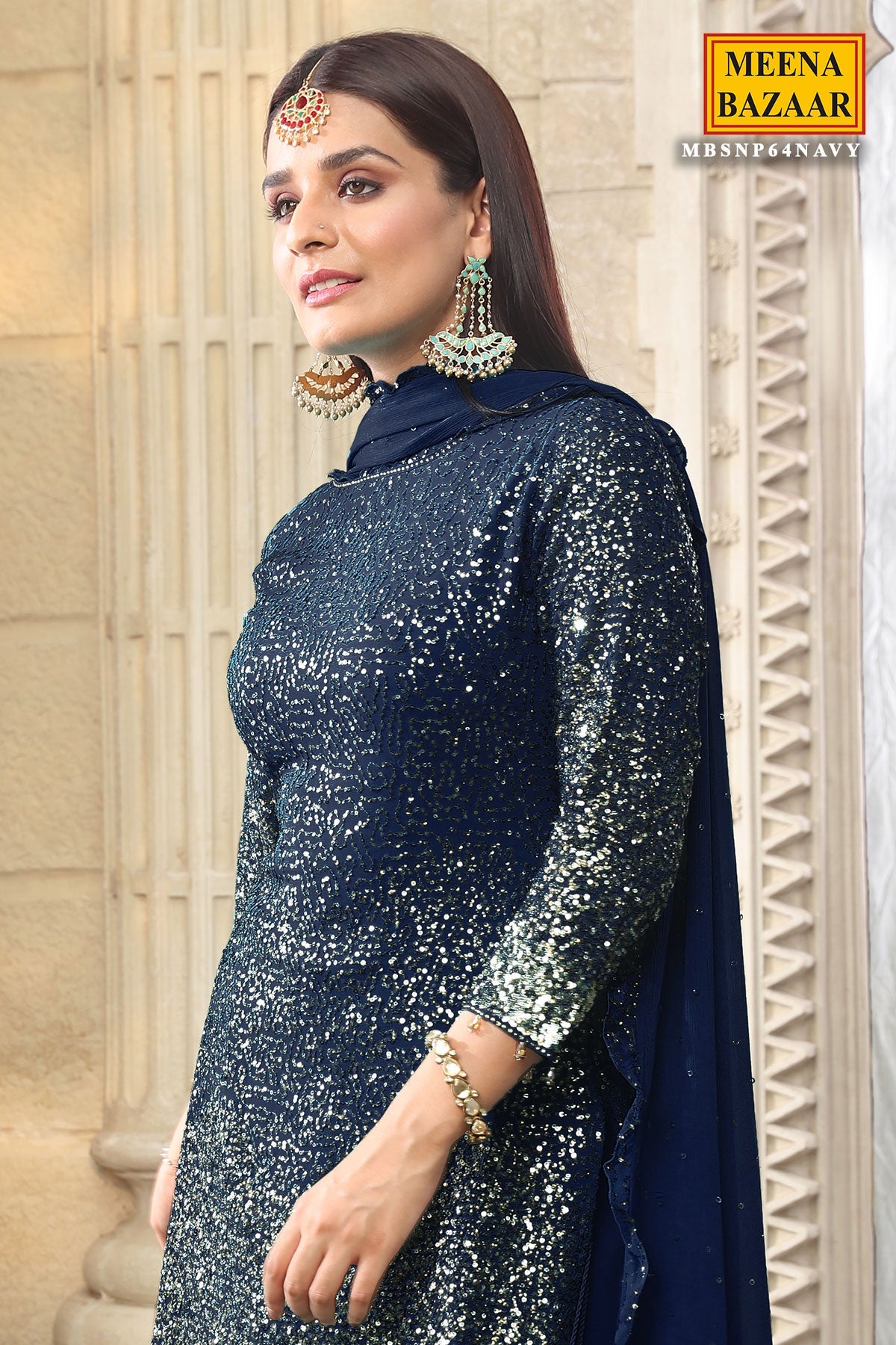 Navy Georgette Sequins Embroidered Gharara Suit Set