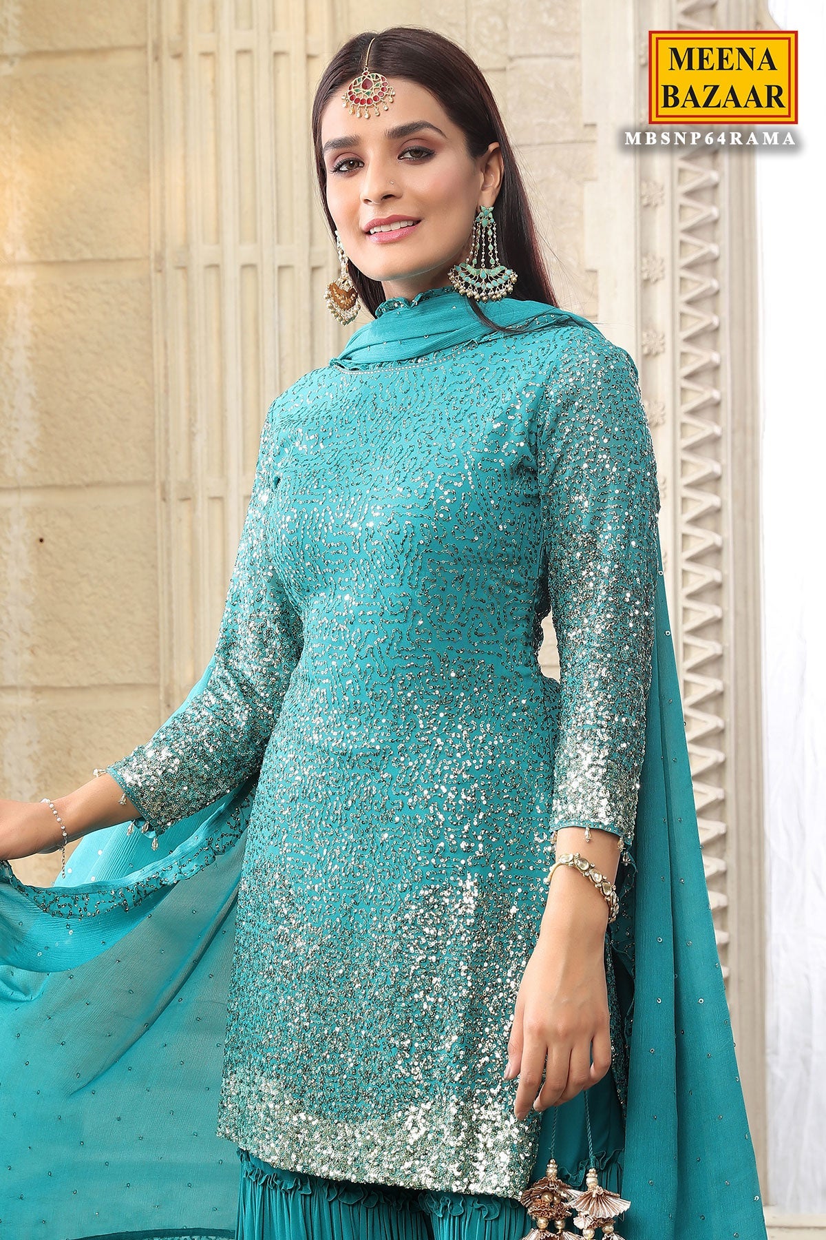 Firozi Georgette Sequins Embroidered Gharara Ready Made Suit