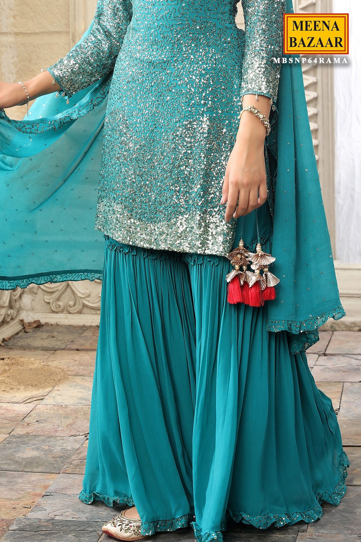 Firozi Georgette Sequins Embroidered Gharara Ready Made Suit