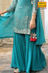 Firozi Georgette Sequins Embroidered Gharara Ready Made Suit