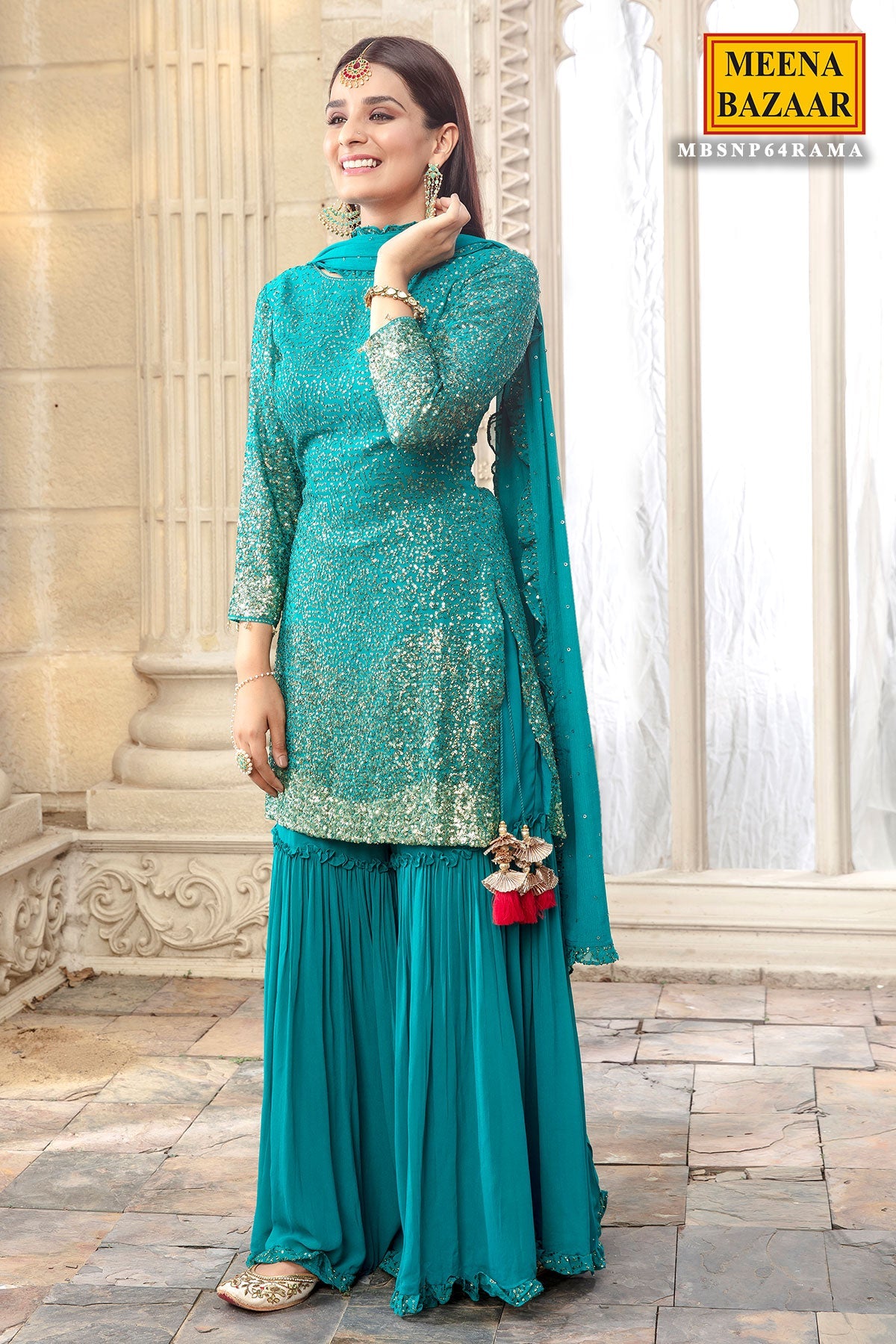 Firozi Georgette Sequins Embroidered Gharara Ready Made Suit