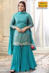 Firozi Georgette Sequins Embroidered Gharara Ready Made Suit