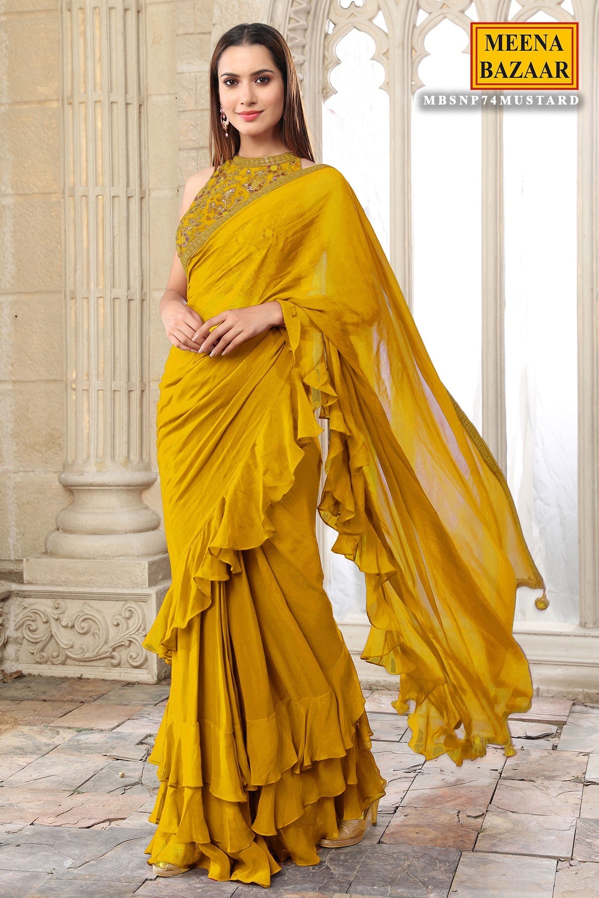 Mustard Georgette Pleated Saree
