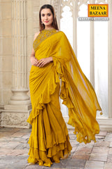 Mustard Georgette Pleated Saree