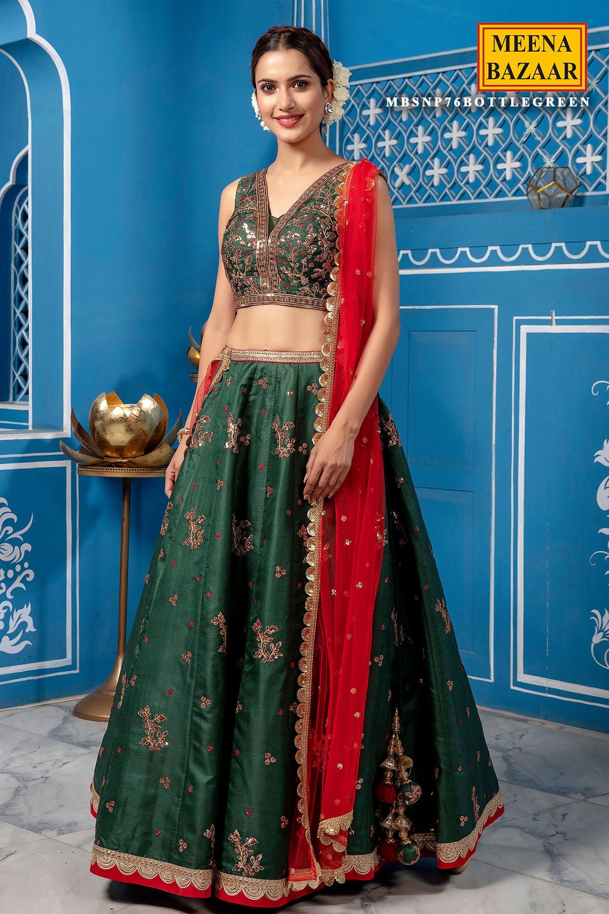 Bottle Green Silk Lehenga